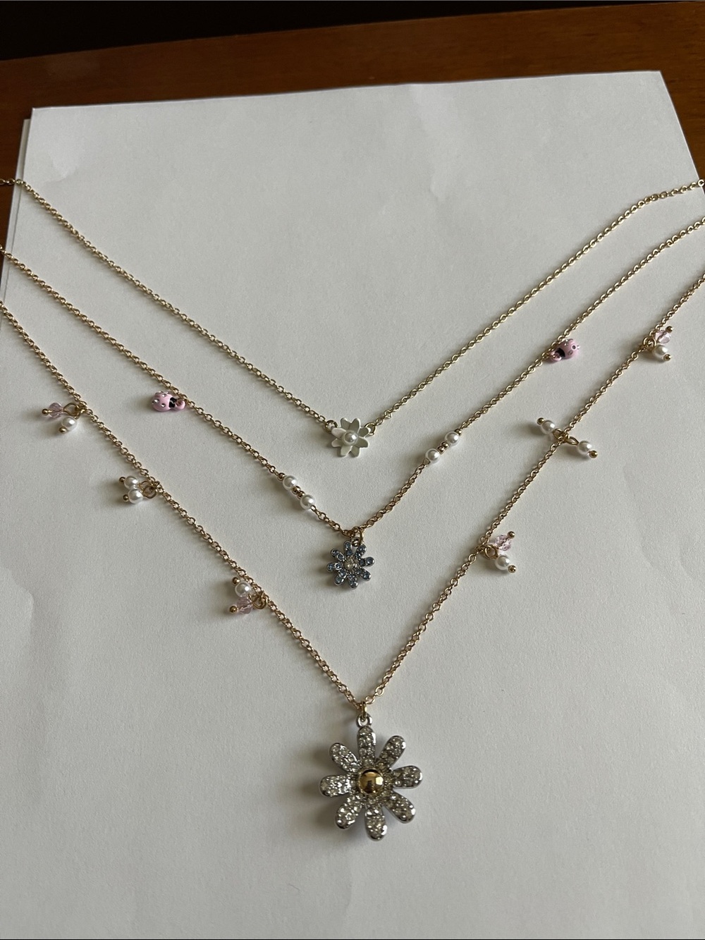 Gold-Tone Layered Daisy Necklace Set with Pink and Pearl Accents